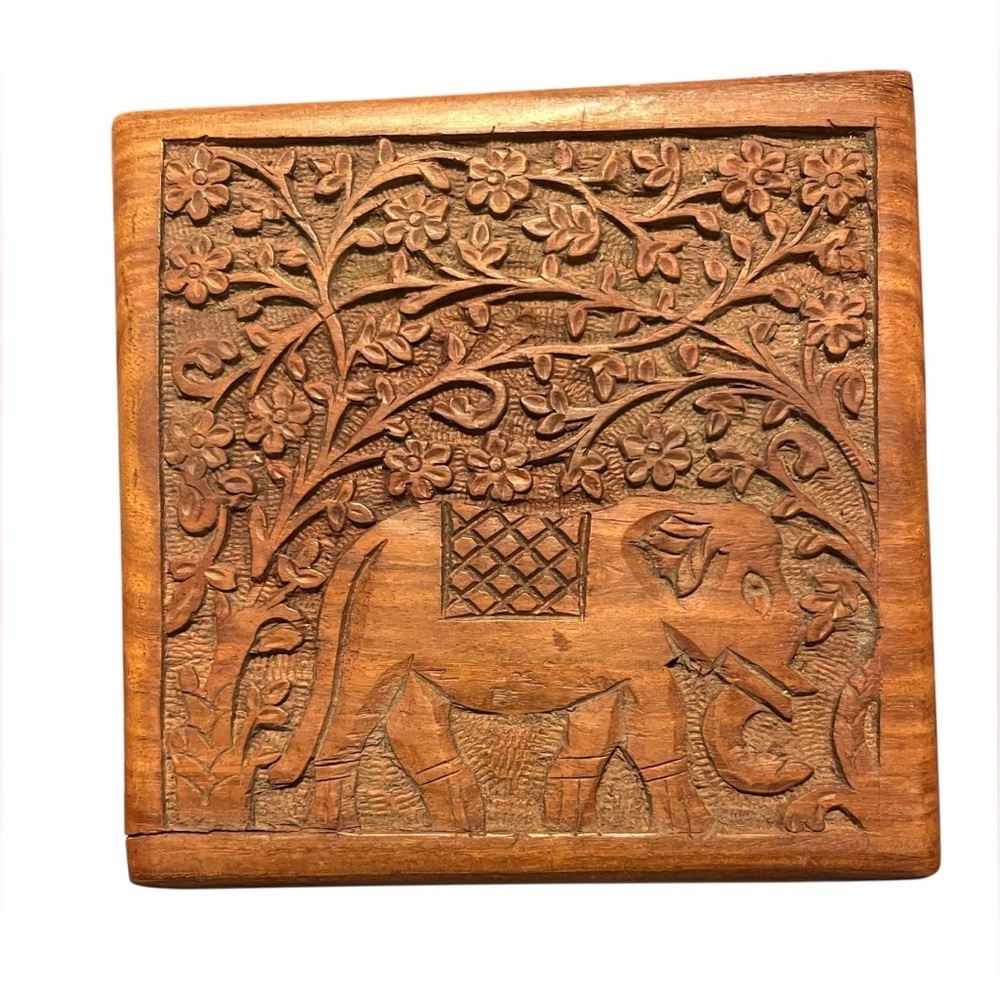 Indian Woodcraft Elephant Carved Storage Box